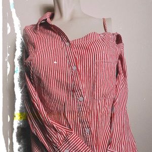 Creative asymmetrical blouse, Red & white pin str.